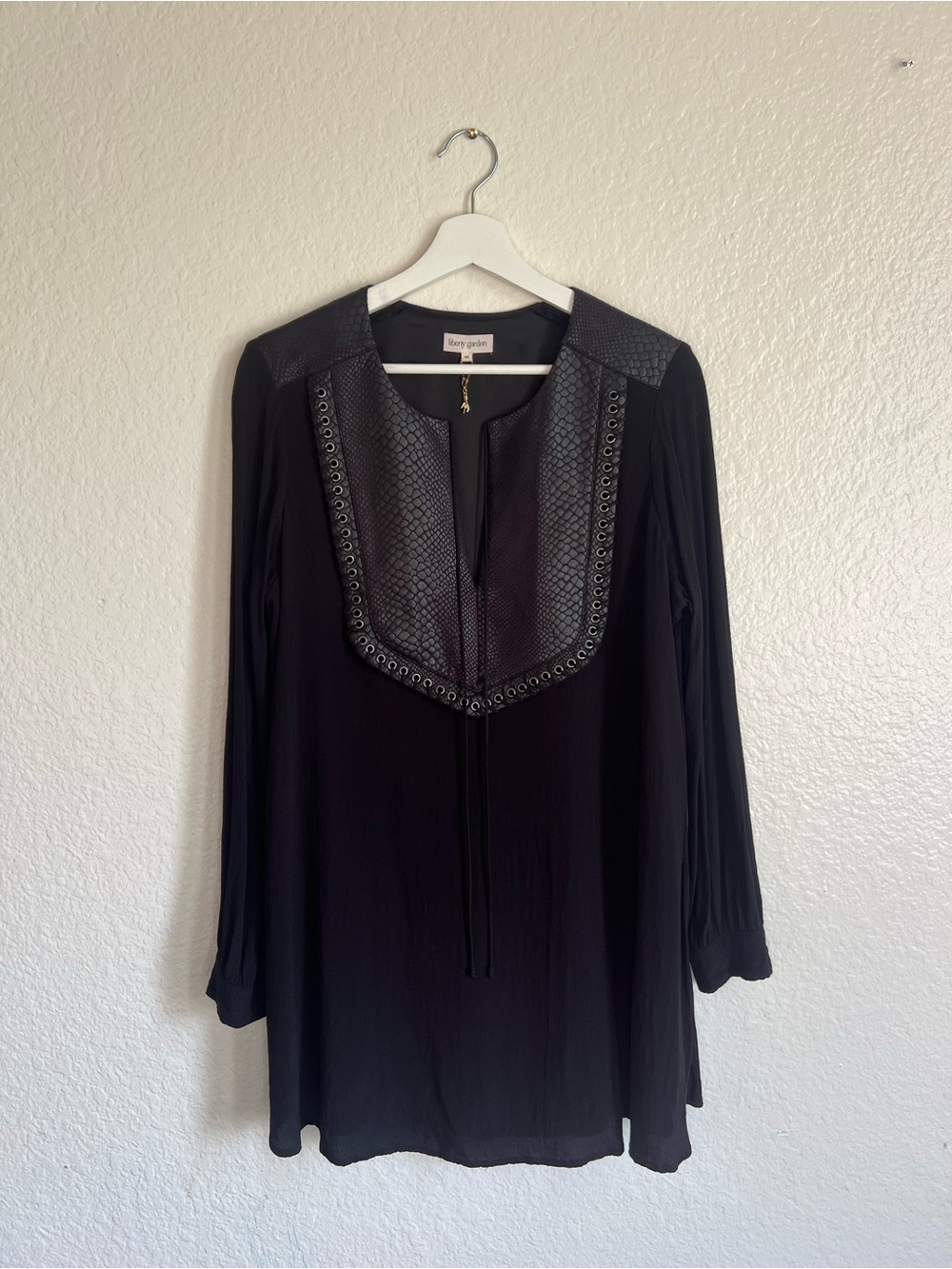 Liberty Garden Black Boho Tunic Dress Faux Leather Snaking Bib